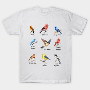 Garden Birds Oriole-Red Crossbill-Indigo Bunting-Mountain BlueBird-Barn Swallow T-Shirt